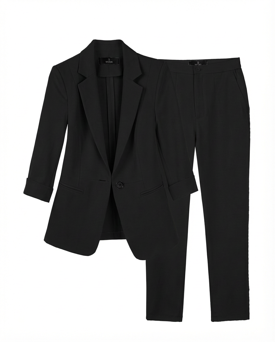 Damski Garnitur Dwuczęściowy | Marynarka z Rękawem 3/4 i Spodnie w Eleganckim Kroju | Styl Biznesowy
