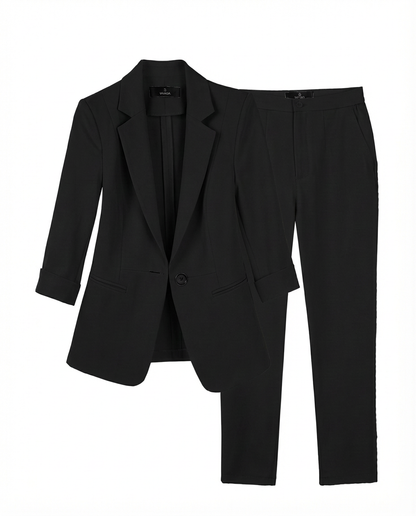 Damski Garnitur Dwuczęściowy | Marynarka z Rękawem 3/4 i Spodnie w Eleganckim Kroju | Styl Biznesowy