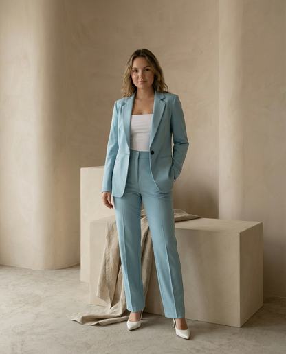 Damski Garnitur Dwuczęściowy | Marynarka z Rękawem 3/4 i Spodnie w Eleganckim Kroju | Styl Biznesowy