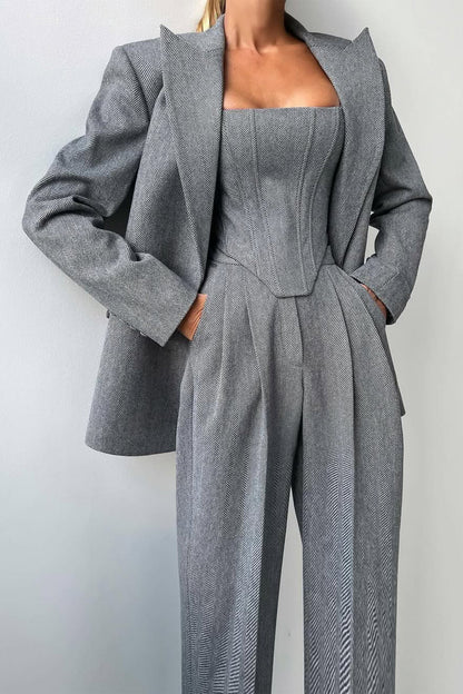 Lisa | Garnitur Damski Komplet – Elegancka Marynarka Gorsetowy Top Szerokie Nogawki
