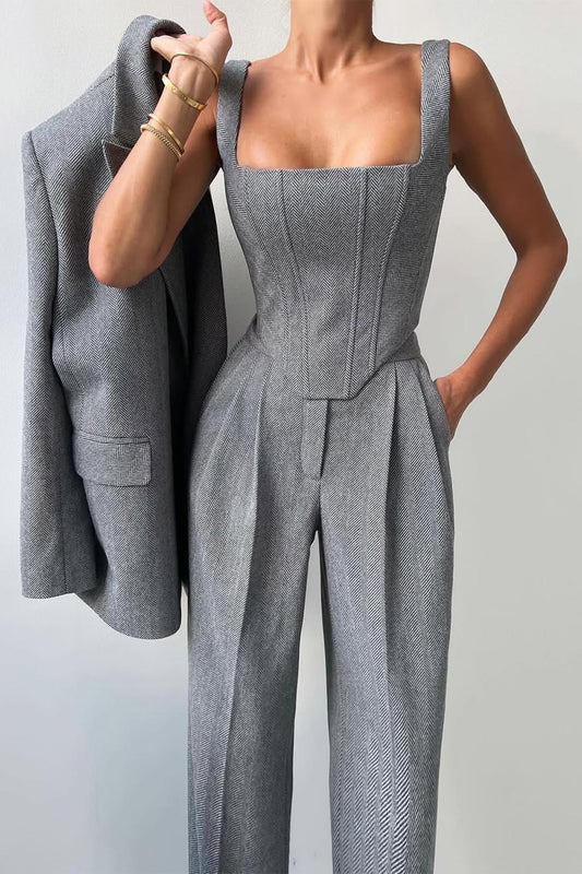 Lisa | Garnitur Damski Komplet – Elegancka Marynarka Gorsetowy Top Szerokie Nogawki