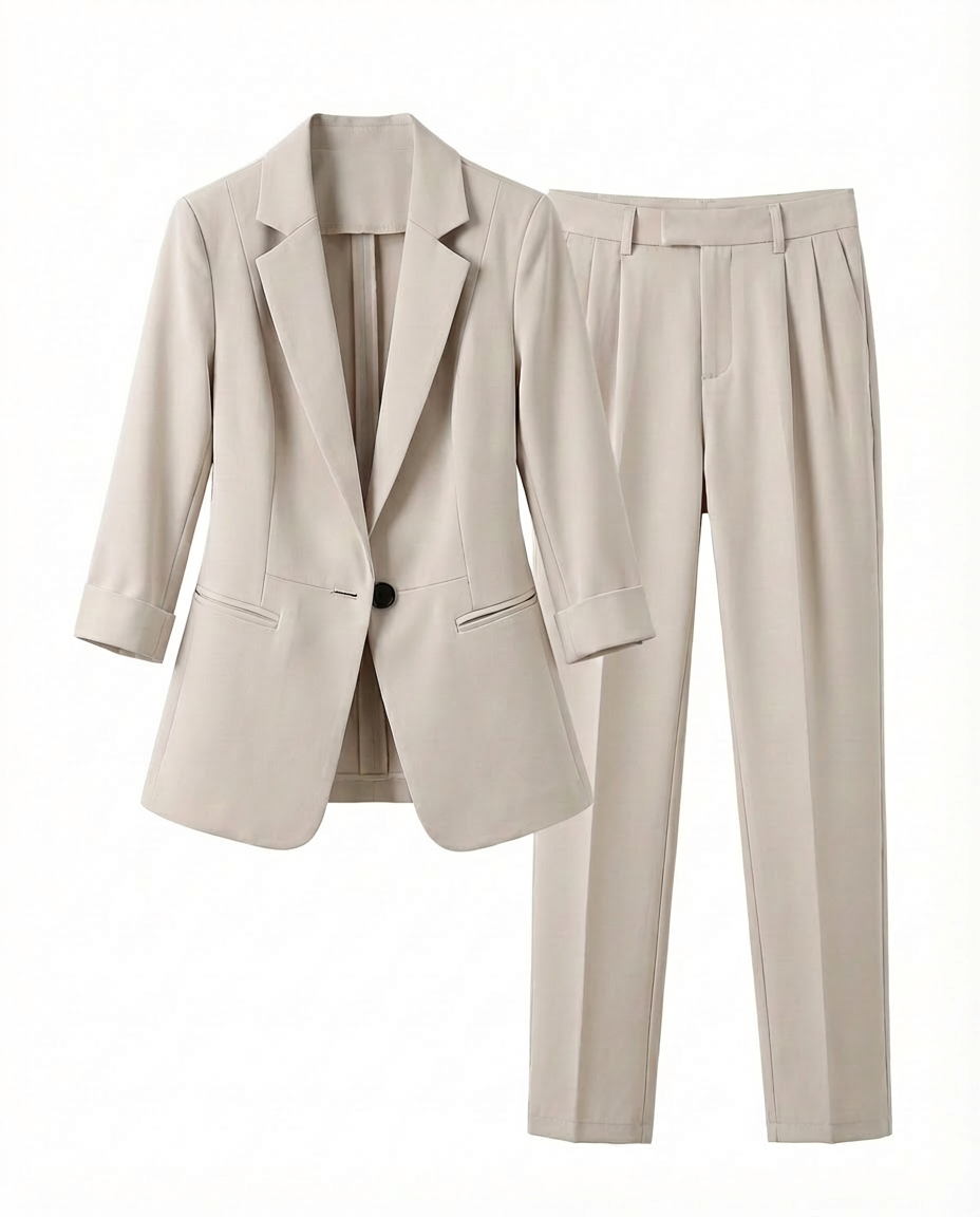 Damski Garnitur Dwuczęściowy | Marynarka z Rękawem 3/4 i Spodnie w Eleganckim Kroju | Styl Biznesowy