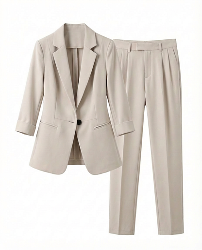 Damski Garnitur Dwuczęściowy | Marynarka z Rękawem 3/4 i Spodnie w Eleganckim Kroju | Styl Biznesowy