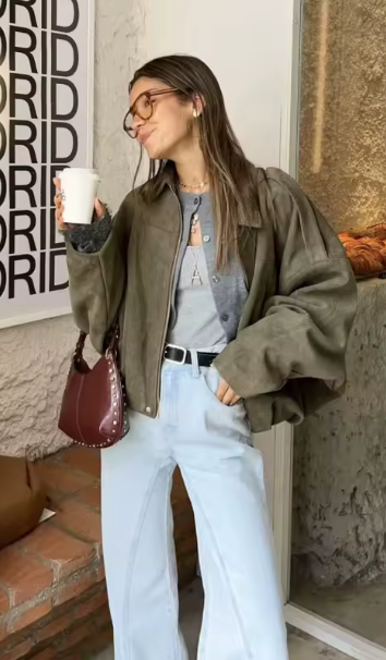 Kurtka Bomberka Zamszowa Damska Oversize