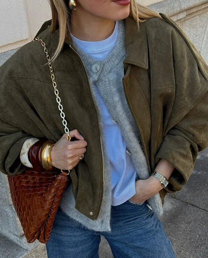 Kurtka Bomberka Zamszowa Damska Oversize