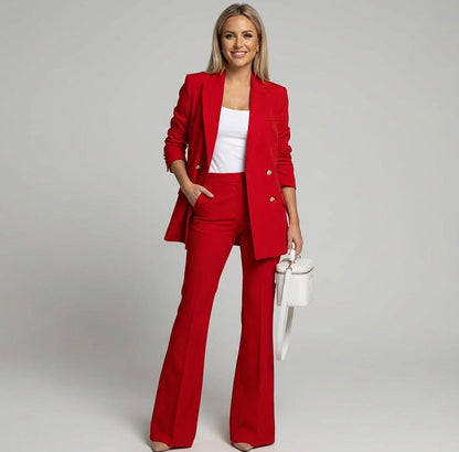 Katarzyna - Garnitur Damski Elegancki z Długą Marynarką i Rozszerzanymi Spodniami - Idealny na Wydarzenia