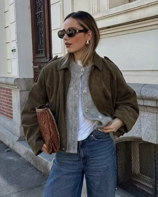 Kurtka Bomberka Zamszowa Damska Oversize